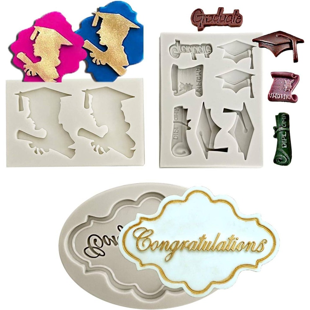3pc Graduation Silicone Molds Congratulations Cap Diploma Fondant Resin‎ Decor